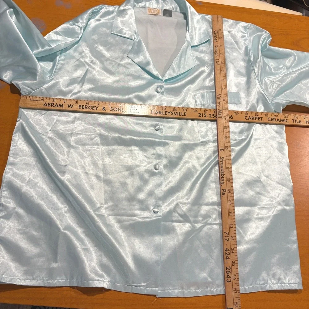 Circa 2000 Vintage 90s Light Blue Satin Pajama Set Shirt Pants Womens L Pastel